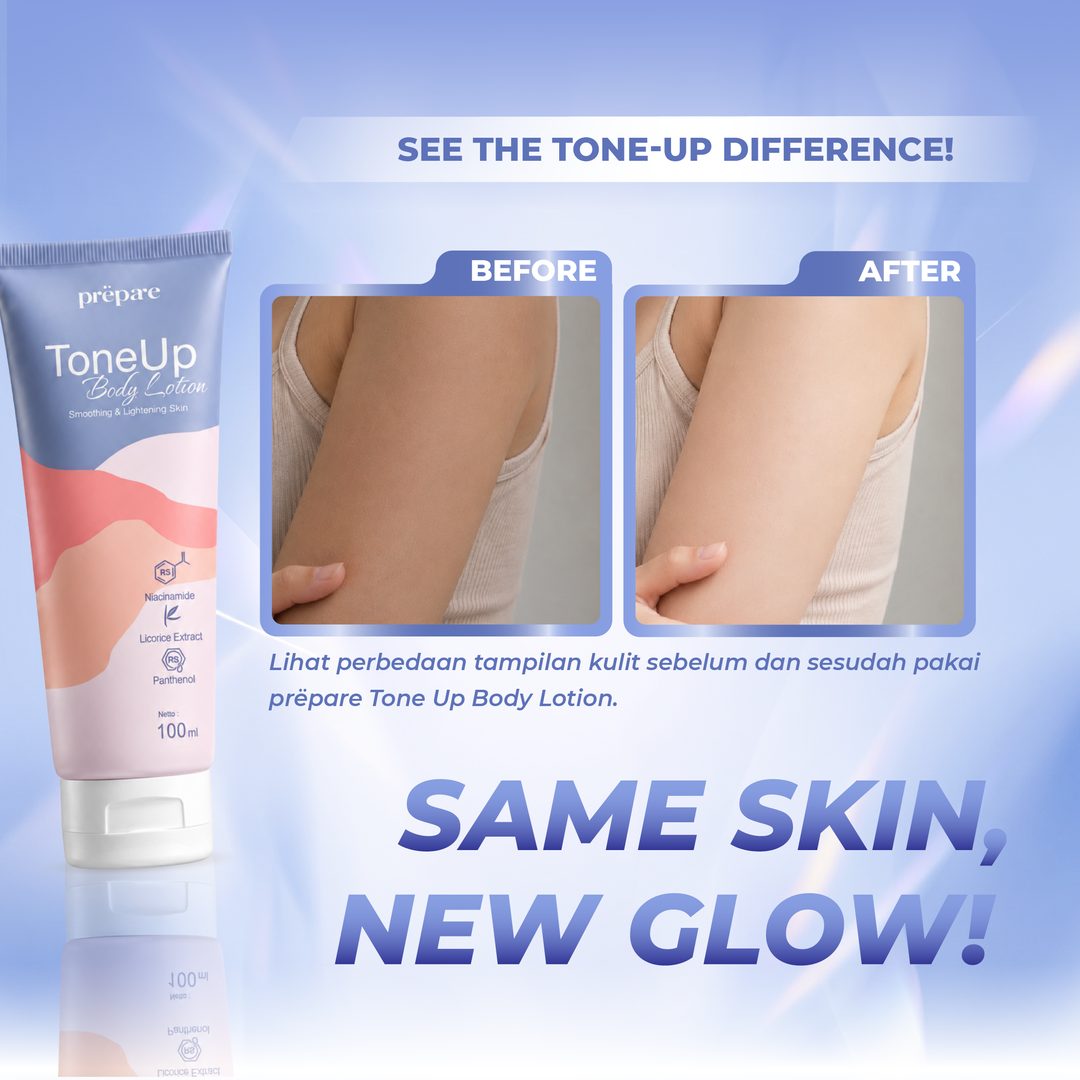 Before after Prepare Tone Up Body Lotion — same skin, new glow